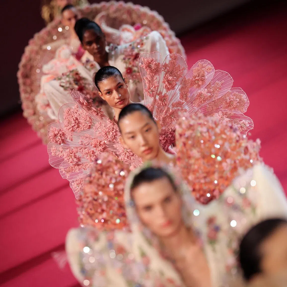 Models presenting creations by Manish Malhotra for the Women Haute Couture Fall/Winter 2026-2027 collection as part of the Paris Fashion Week on July 8.