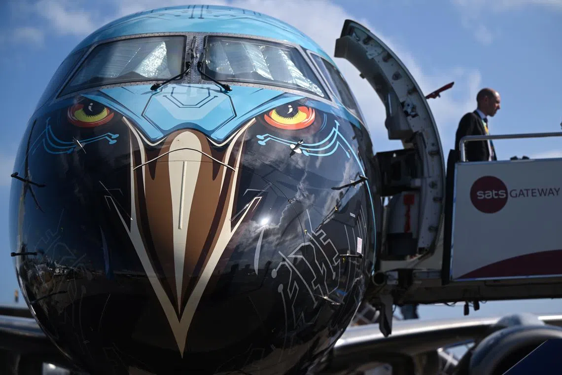 The Embraer E2 Profit Hunter on display on the first day of the Singapore Airshow at the Changi Exhibition Centre in Singapore, Feb 20, 2024.