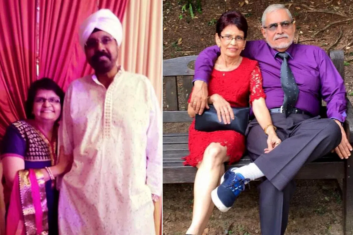 Mrs Viro Singh (left) and her husband Kalbir elegantly dressed for a festive celebration. Mrs Mito Gill and her husband Amrit at a relative's wedding in Singapore in 2015. 