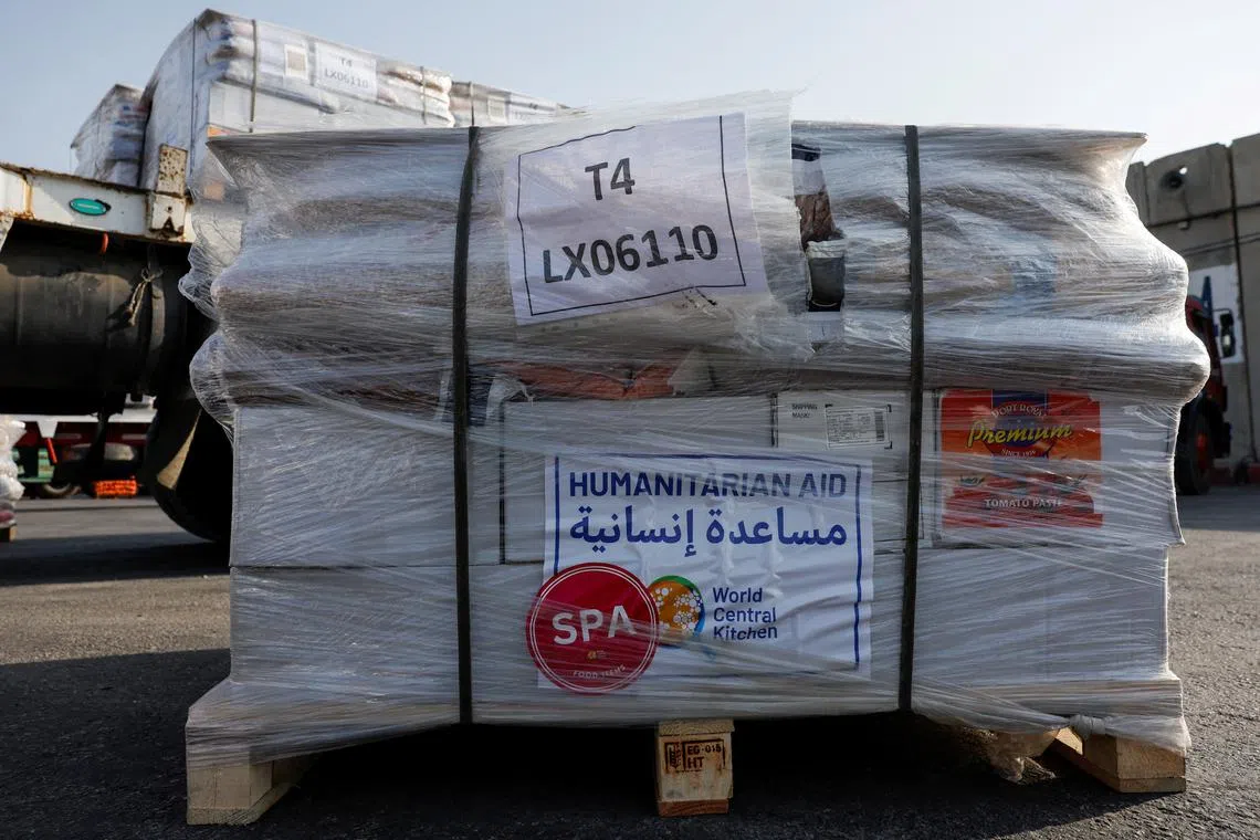 FILE PHOTO: A view shows humanitarian aid with the logo of World Central Kitchen (WCK) at the Kerem Shalom border crossing to Gaza, Israel, May 1, 2024. REUTERS/Evelyn Hockstein/Pool/File Photo