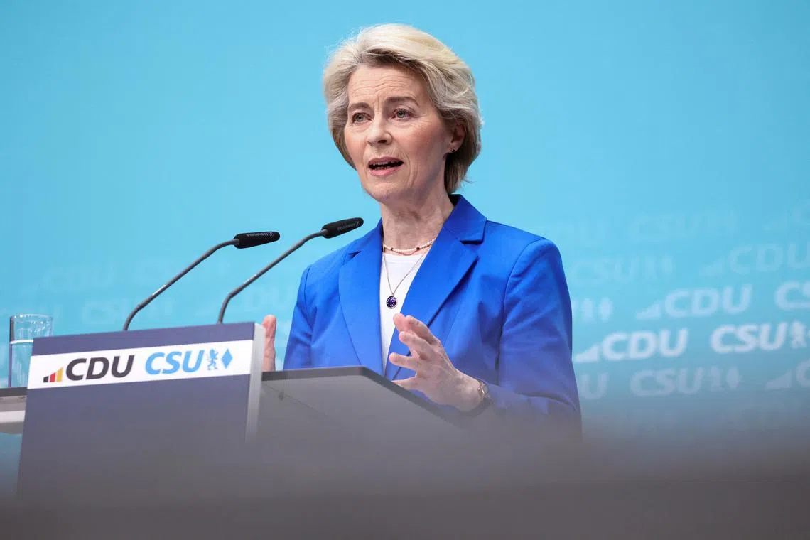 EU Commission President Ursula von der Leyen speaks at a press conference following a Christian Democratic Union (CDU) party leadership meeting in Berlin, Germany, March 11, 2024. REUTERS/Liesa Johannssen