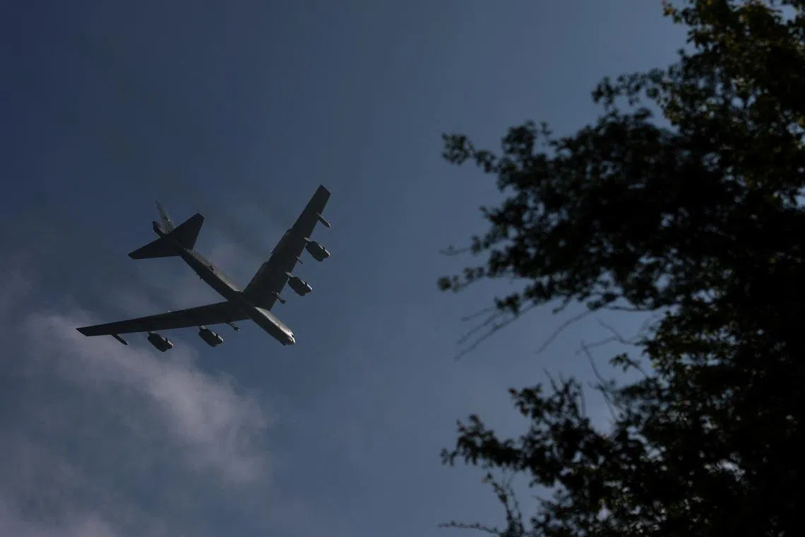 FILE PHOTO: A Boeing B‑52 Stratofortress aircraft takes off from RAF Fairford airbase, which hosts United States Air Force (USAF) personnel, amid a ceasefire between the United States and Iran, in Fairford, Gloucestershire, Britain, April 23, 2026. REUTERS/Hannah McKay/ File Photo