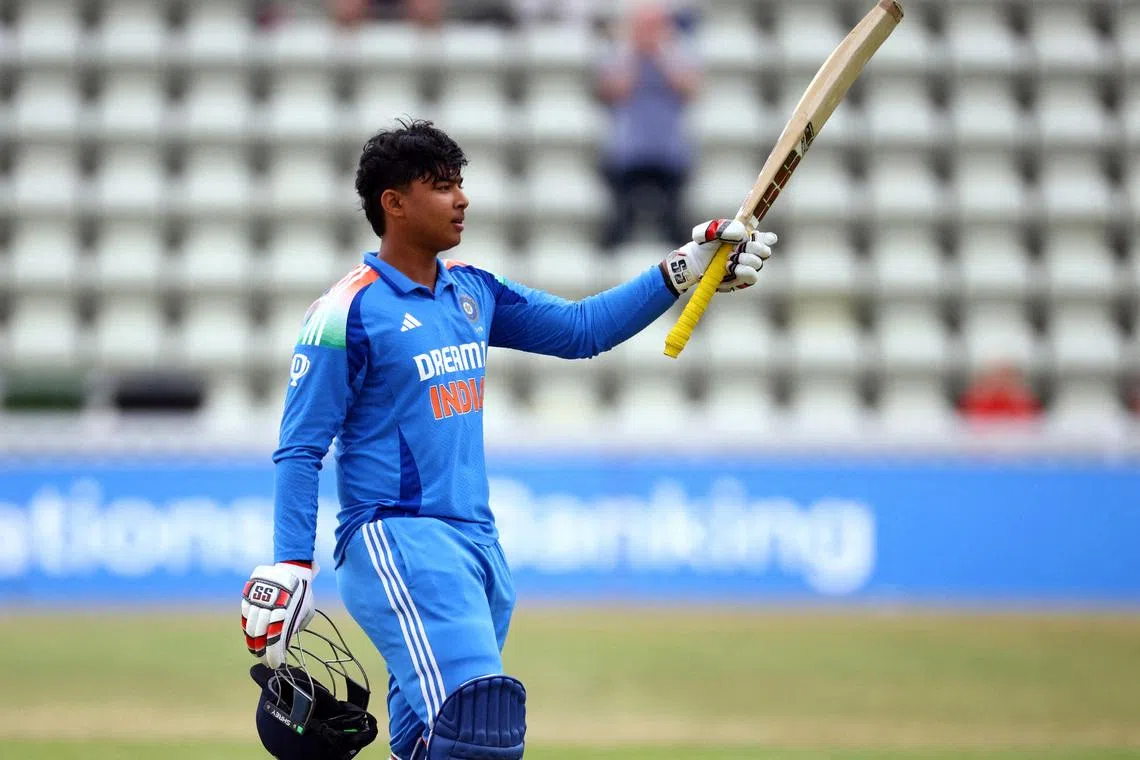 Cricket - Youth One Day Match - England Under-19's v India Under-19's - New Road, Worcester, Britain - July 5, 2025 India's Vaibhav Suryavanshi celebrates after completing his century Action Images via Reuters/John Sibley