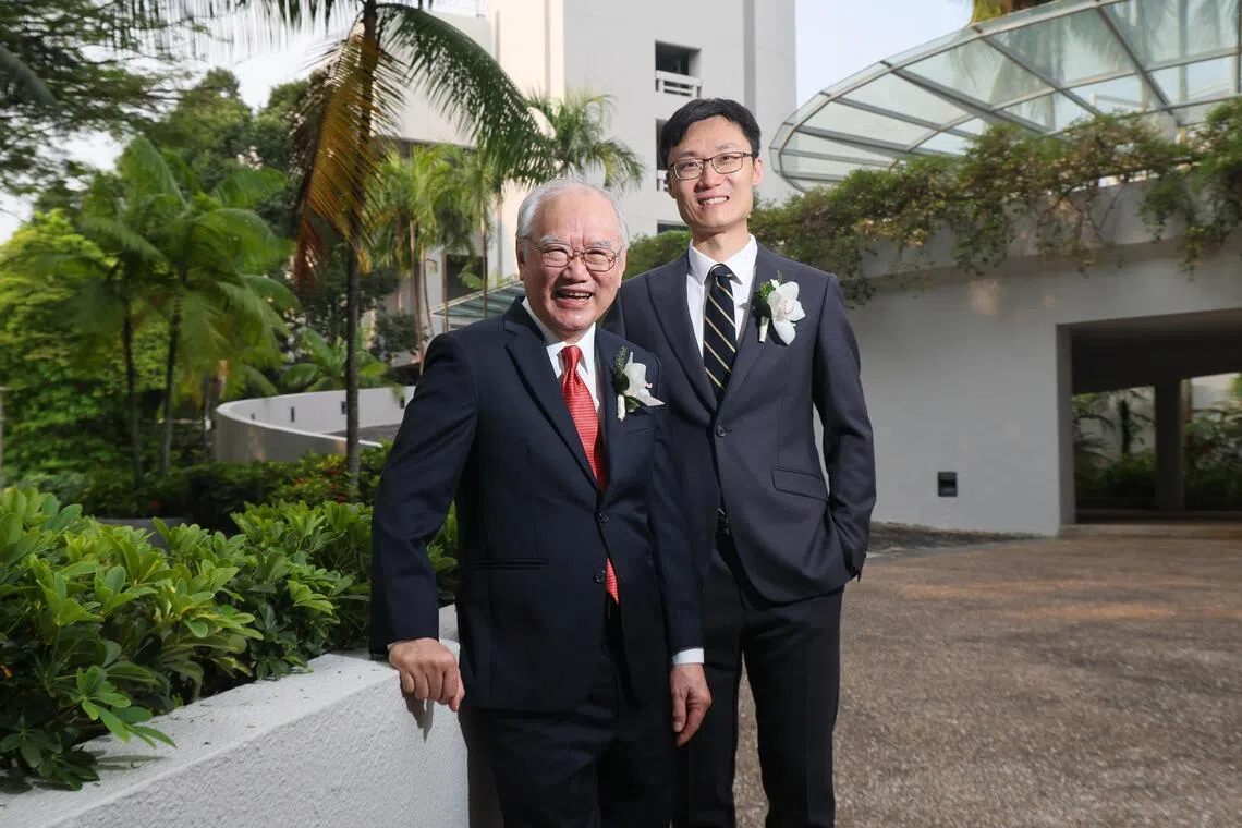 President’s Science and Technology Medal recipient Lee Chuan Seng (left) and Young Scientist Award recipient Liu Boxiang at the President’s Science and Technology Awards 2026 ceremony on Aug 28.