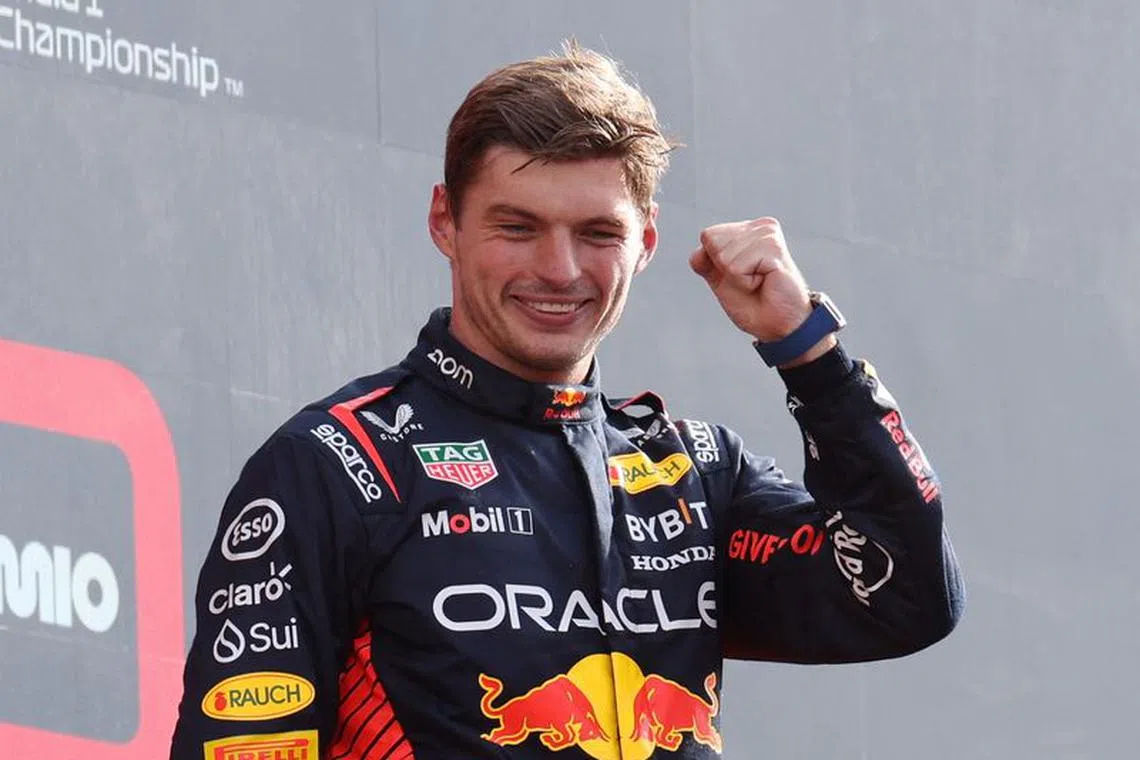 Formula One F1 - Italian Grand Prix - Autodromo Nazionale Monza, Monza, Italy - September 3, 2023 Red Bull's Max Verstappen celebrates on the podium after winning the Italian Grand Prix REUTERS/Claudia Greco