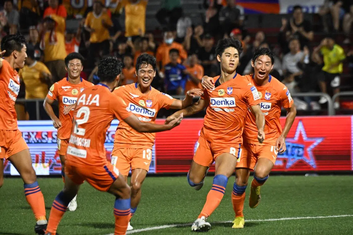 Albirex Niigata players celebrates after No.8, Kaisei Ogawa, scores the third goal against Lion City Sailors during the Singapore Premier League match at Jurong East Stadium on Mar 9, 2023.