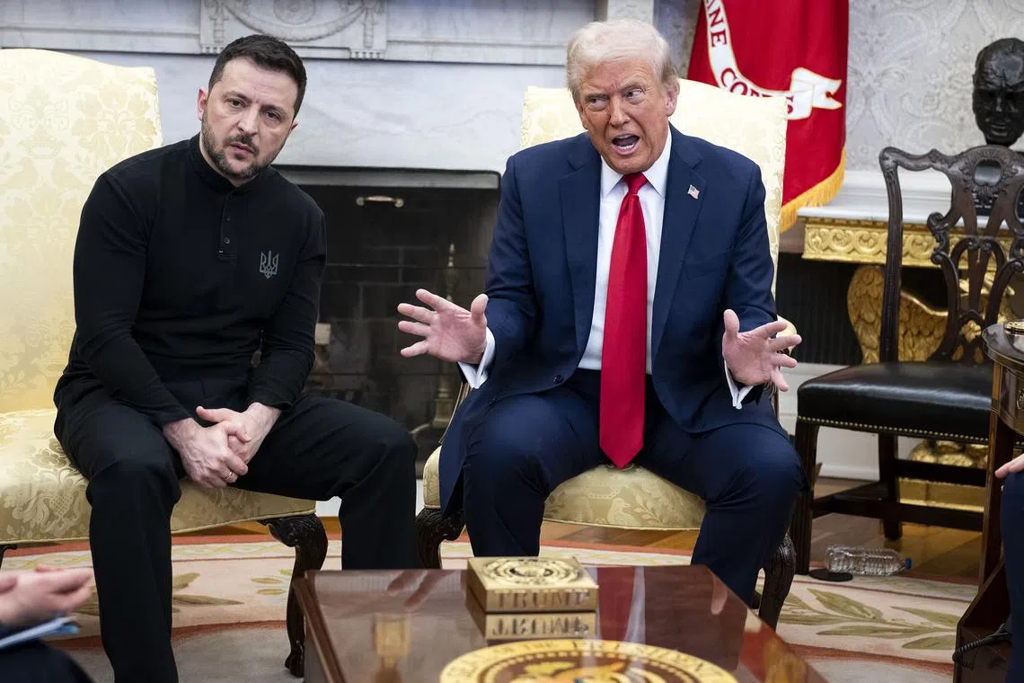 US President Donald Trump (right) meets with Ukraine President Volodymyr Zelensky in the Oval Office on Feb 28.