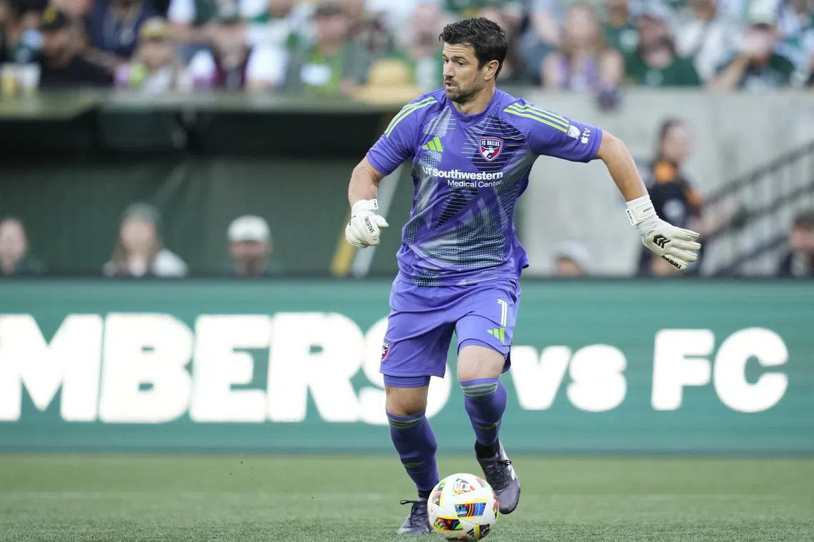 Oct 6, 2024; Portland, Oregon, USA; FC Dallas goalkeeper Jimmy Maurer (1) clears a ball during the first half against the Portland Timbers at Providence Park. Soobum Im-Imagn Images/File Photo