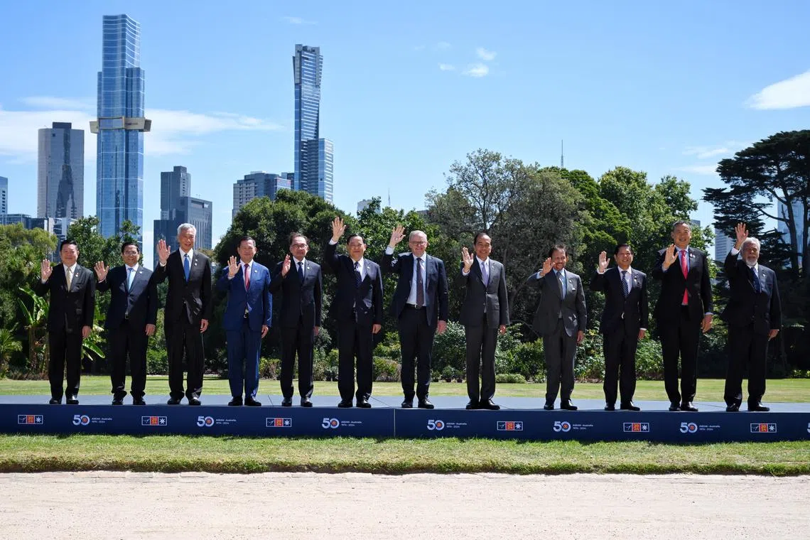 PM Lee Hsien Loong (third from left) and other Asean leaders, as well as Australian PM Anthony Albanese (sixth from right), at the Asean-Australia Special Summit in Melbourne on March 6.