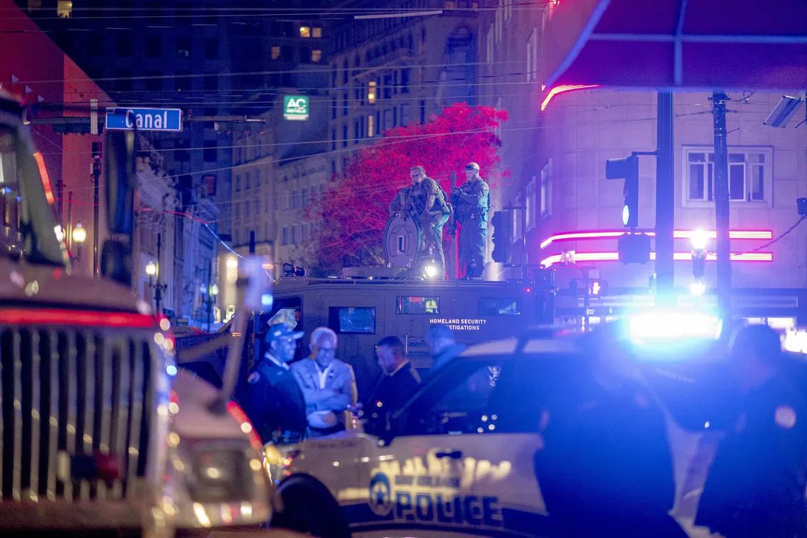 An armored Homeland Security vehicle at the corner of Bourbon and Canal Streets in the wake of the New Year’s Day attack with a car by a heavily armed man, in New Orleans, Jan. 2, 2025. The attack has not just rattled the city, but also interrupted a hopeful moment it had been awaiting for years, and left it back in the familiar position of relying on its storied resilience and grit. (Emily Kask/The New York Times)