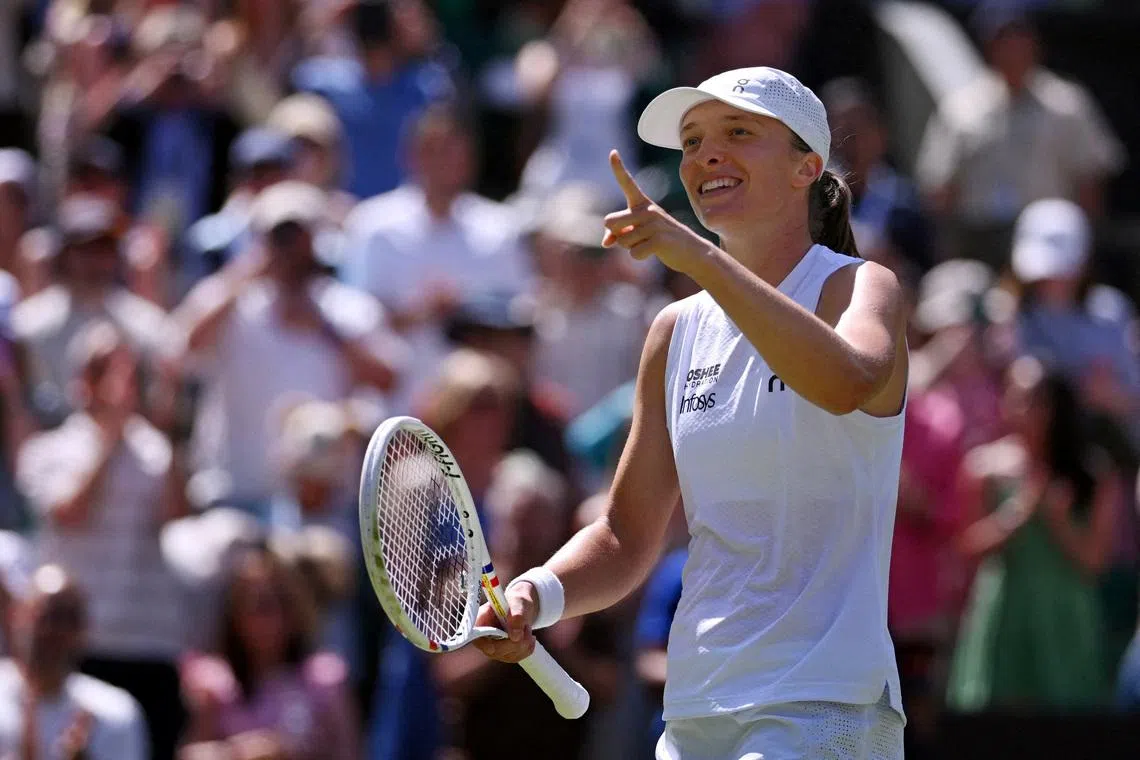 Tennis - Wimbledon - All England Lawn Tennis and Croquet Club, London, Britain - July 2, 2026 Poland's Iga Swiatek celebrates after winning her second round match against Czech Republic's Karolina Pliskova REUTERS/Jaimi Joy/File Photo