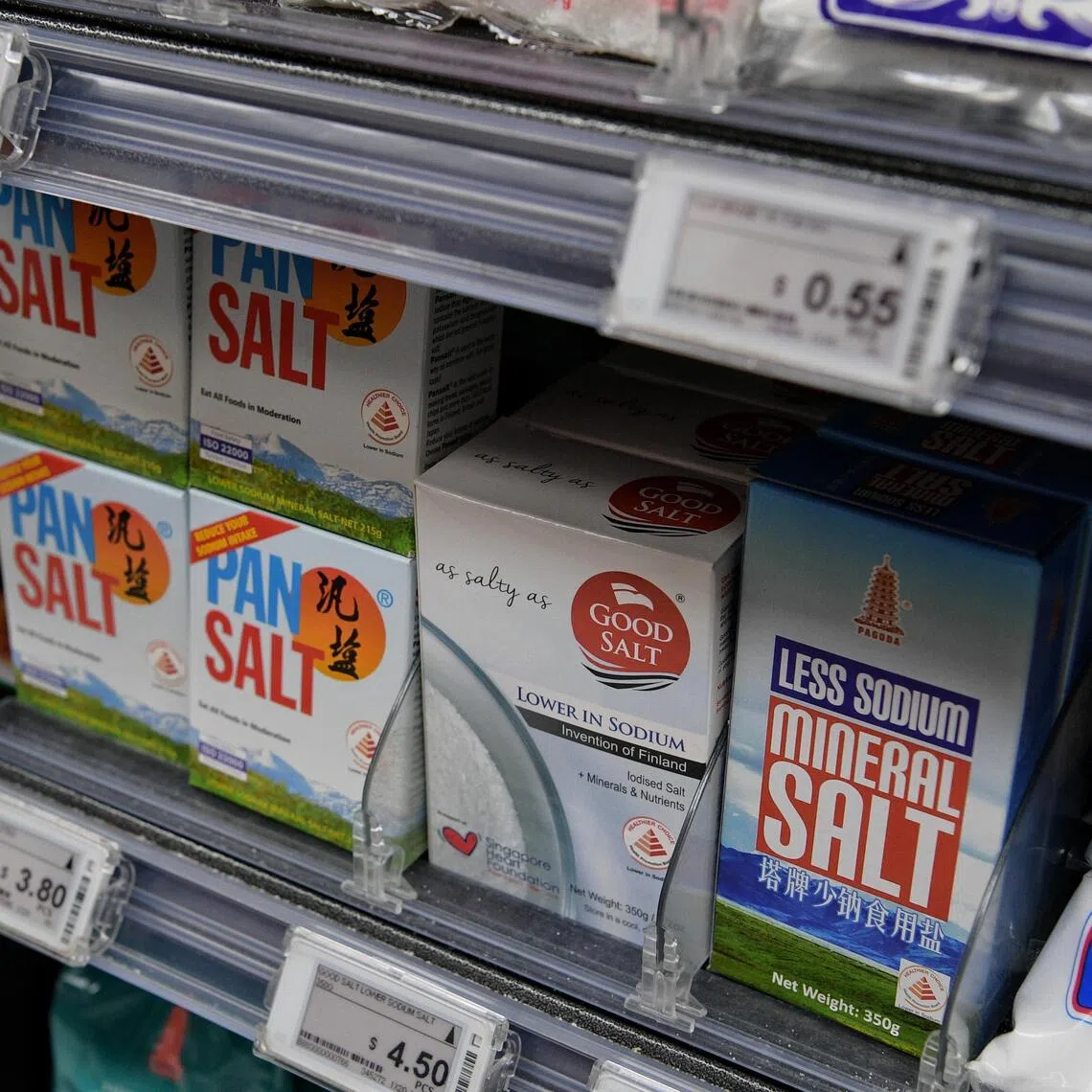 Brands of low sodium salt at Sheng Shiong Supermarket at Ten Miles Junction.