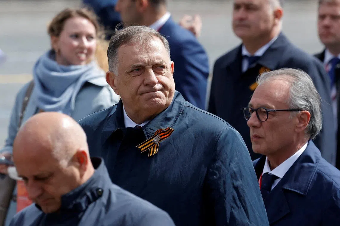 FILE PHOTO: Bosnian Serb leader Milorad Dodik leaves after a military parade on Victory Day, marking the 80th anniversary of the victory over Nazi Germany in World War Two, in Red Square in central Moscow, Russia, May 9, 2025. REUTERS/Maxim Shemetov/File Photo