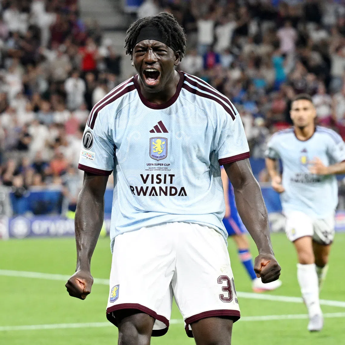Soccer Football - UEFA Super Cup - Paris St Germain v Aston Villa - Stadion Salzburg, Salzburg, Austria - August 12, 2026 Aston Villa's Brian Madjo celebrates scoring their first goal REUTERS/Angelika Warmuth