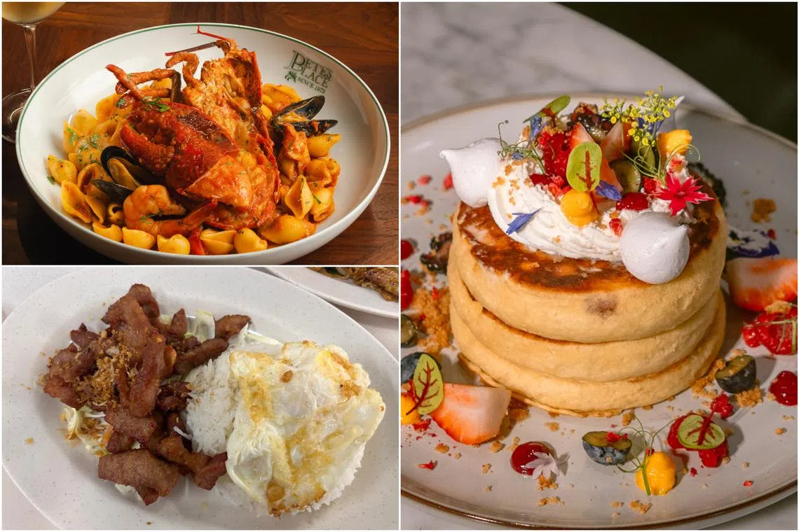 (Clockwise from top left) Conchiglie cioppino from Pete's Place, buttermilk pancakes from Puzzle Coffee @ Dempsey Hill and garlic pork rice at Thai Station 42.