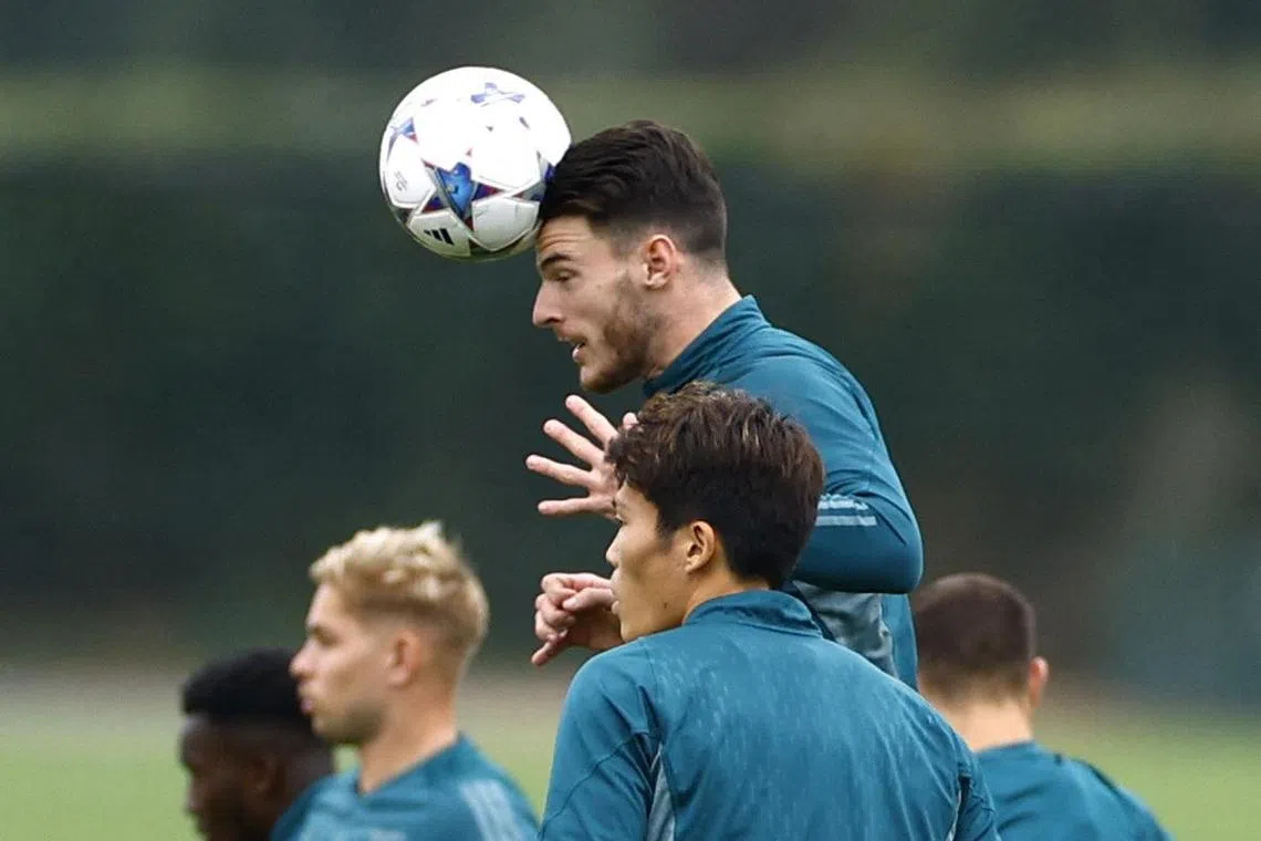 Arsenal's Declan Rice in training ahead of their Champions League clash against Lens on Tuesday.