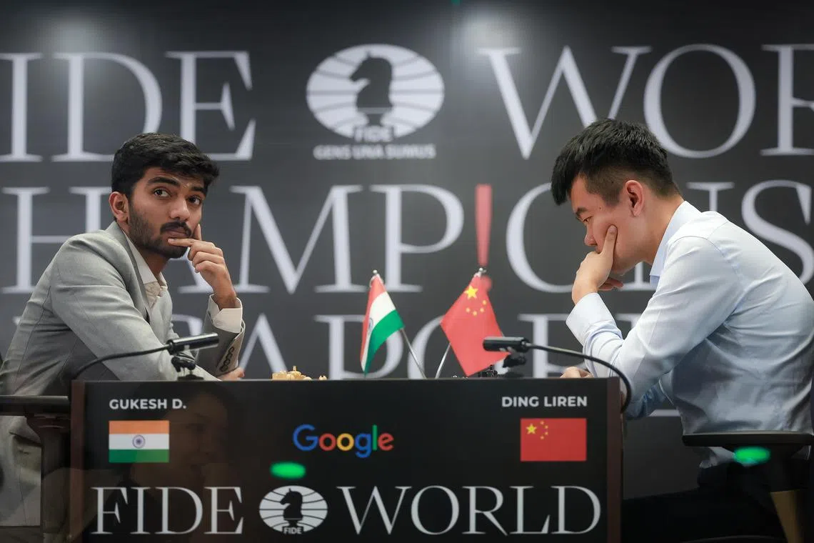 Gukesh Dommaraju and.Ding Liren during Game 1 of the FIDE World Chess Championship Singapore held at Reasorts World Sentosa on Nov 25, 2024.