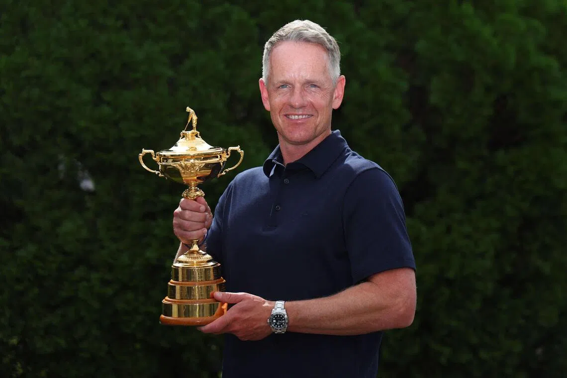 Luke Donald, European Ryder Cup captain, poses with the trophy at Garden City Hotel on Sept 29, 2025.