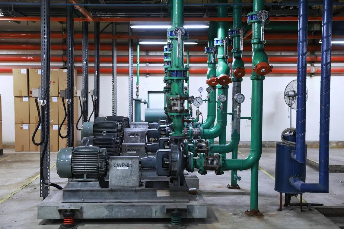 Coolant pipes (green) in the environmental control system plant room at SMRT's intelligent facilities management initiative at the Paya Lebar Circle Line station.