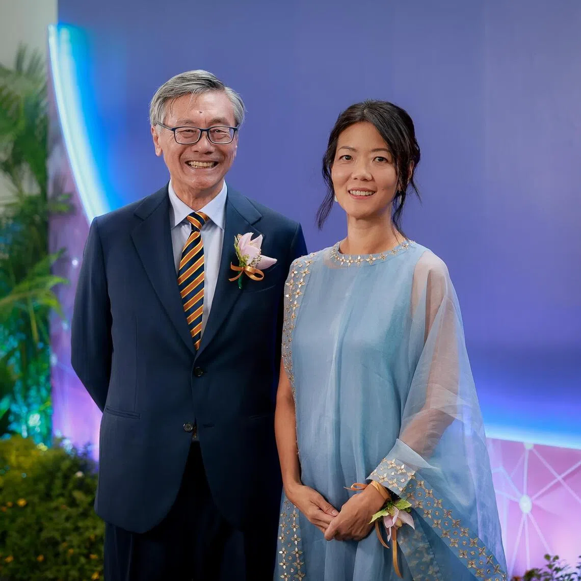 President’s Science and Technology Medal (PSTM) recipient Professor Tan Eng Chye (left), President of the National University of Singapore, and President’s Science Award (PSA) recipient Dr Lisa Ng (right) at the President’s Science and Technology Awards (PSTA) Ceremony held at NUS’s University Cultural Centre on Oct 3, 2025.