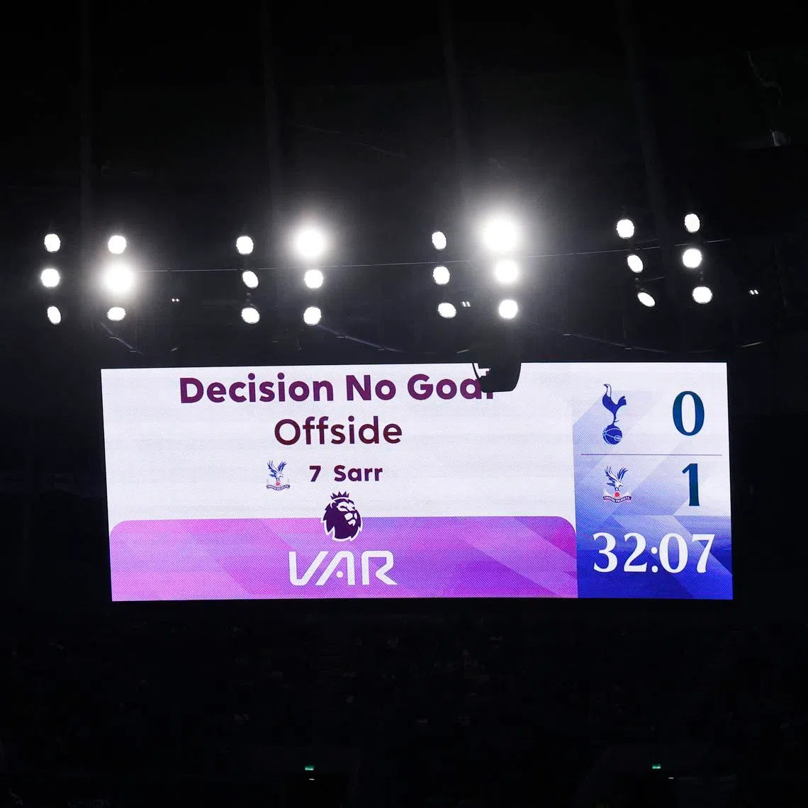 FILE PHOTO: Soccer Football - Premier League - Tottenham Hotspur v Crystal Palace - Tottenham Hotspur Stadium, London, Britain - March 5, 2026 A big screen displays a VAR review message Action Images via Reuters/Andrew Couldridge/File Photo