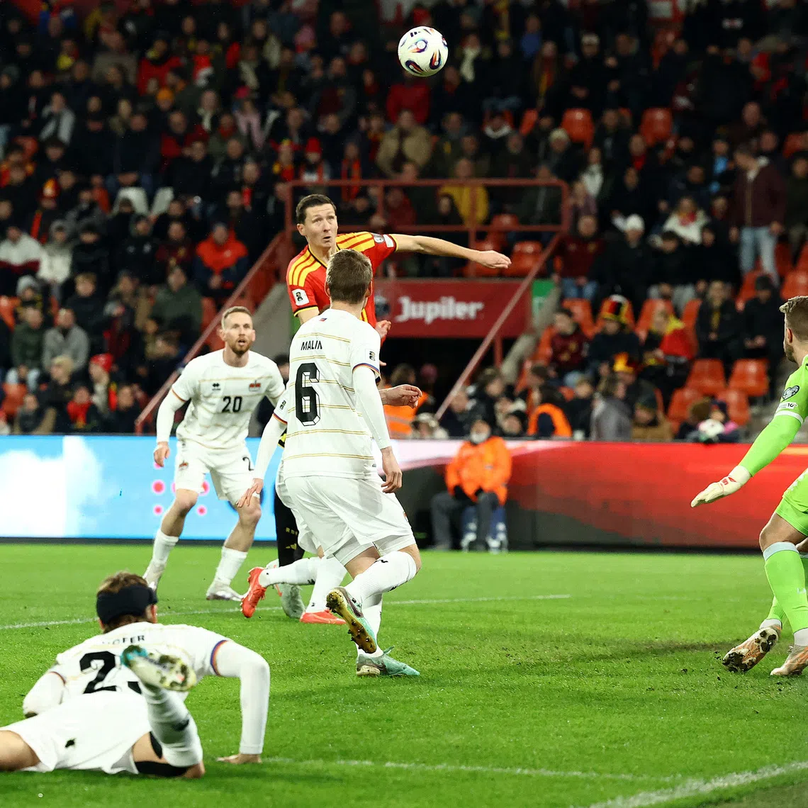 Soccer Football - FIFA World Cup - UEFA Qualifiers - Group J - Belgium v Liechtenstein - Stade Maurice Dufrasne, Liege, Belgium - November 18, 2025 Belgium's Hans Vanaken scores their first goal REUTERS/Yves Herman