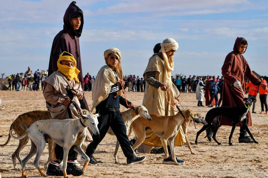 Nomads with hunting dogs attending the opening parade of the 55th International Sahara Festival on Dec 27, 2023 in Douz, in southern Tunisia. 