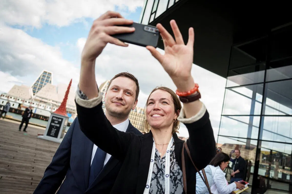 Greenland Prime Minister Jens-Frederik Nielsen (left) attending the Copenhagen Democracy Summit on May 12.