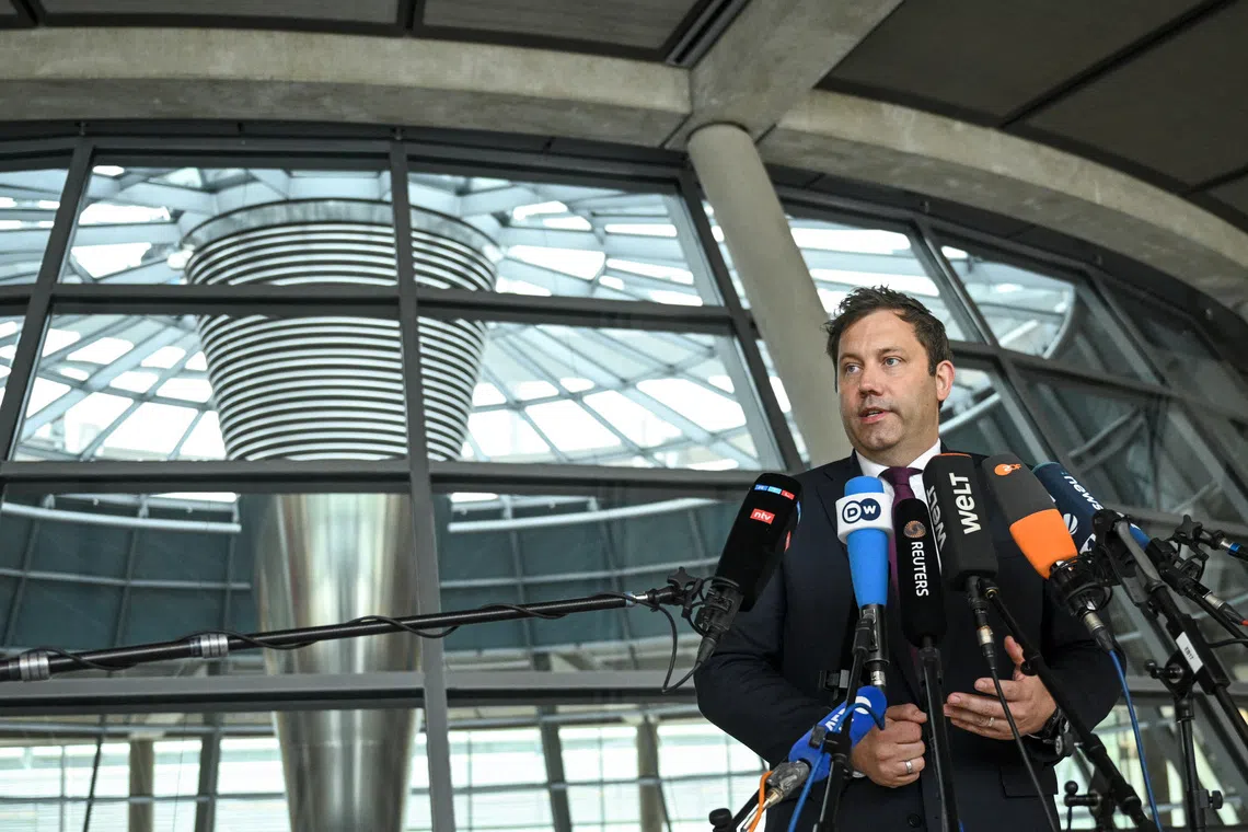 German Finance Minister and Vice Chancellor Lars Klingbeil speaks to media in a press statement after the voting of the Federal Government's draft legislation for the 2025 federal budget, during a plenary session of the lower house of parliament, the Bundestag, in Berlin, Germany September 18, 2025.  REUTERS/Annegret Hilse