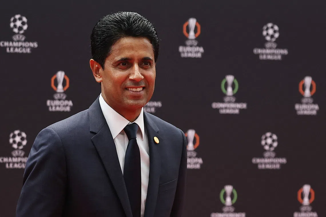 Soccer Football - UEFA Champions League - League Phase Draw - Grimaldi Forum, Monaco - August 27, 2026 Paris St Germain president Nasser Al-Khelaifi poses ahead of the league phase draw REUTERS/Manon Cruz