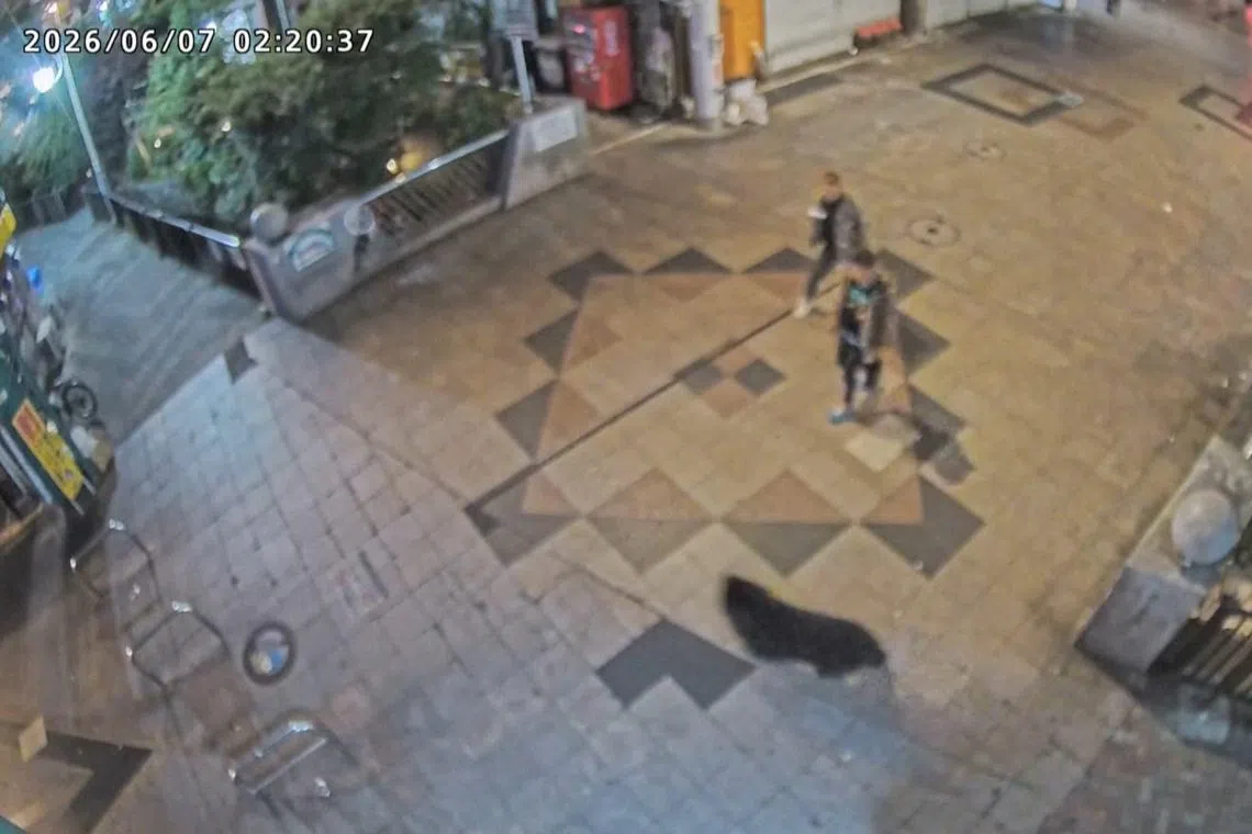 A screen grab from a surveillance footage shows a wild bear running past bystanders in a residential area in the city of Utsunomiya on June 7.