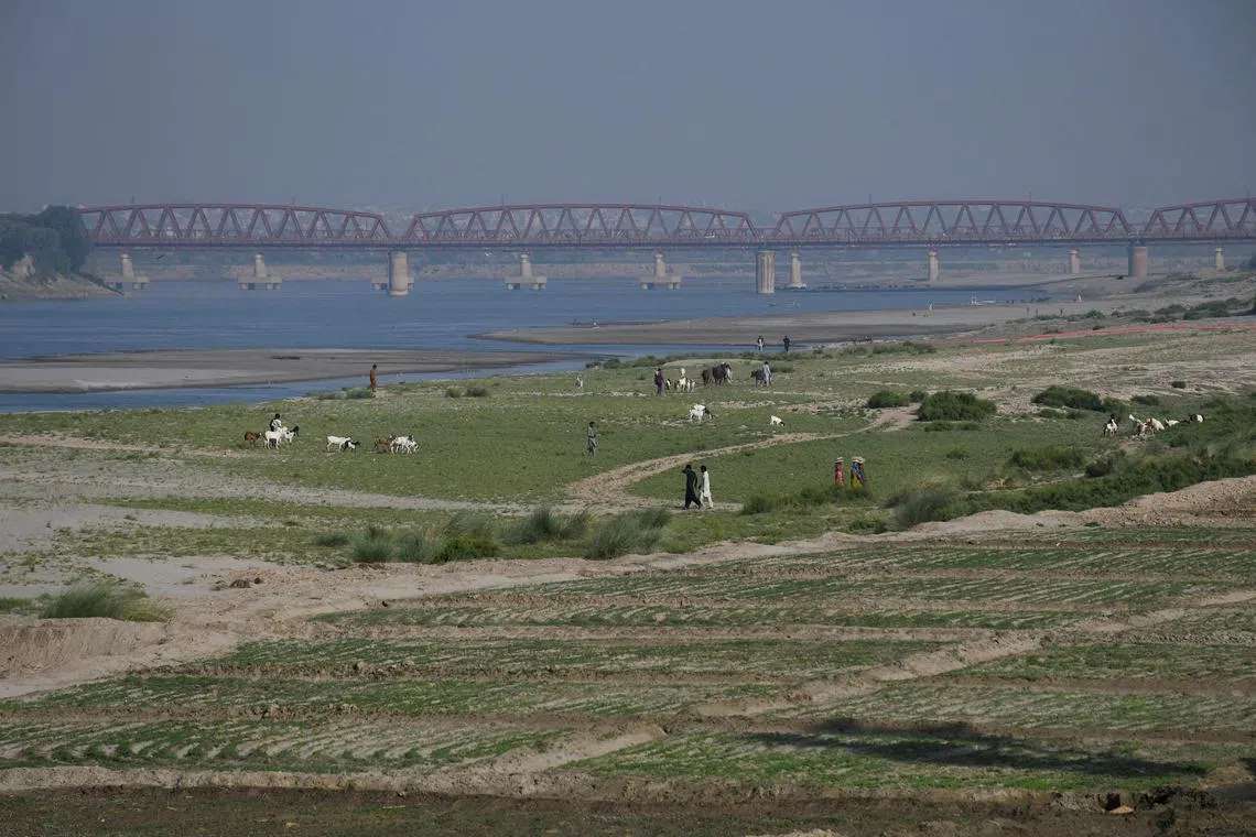 FILE PHOTO: People walk next to a cultivated land on the dry riverbed of the Indus River in Hyderabad, Pakistan April 25, 2025. REUTERS/Yasir Rajput/File Photo