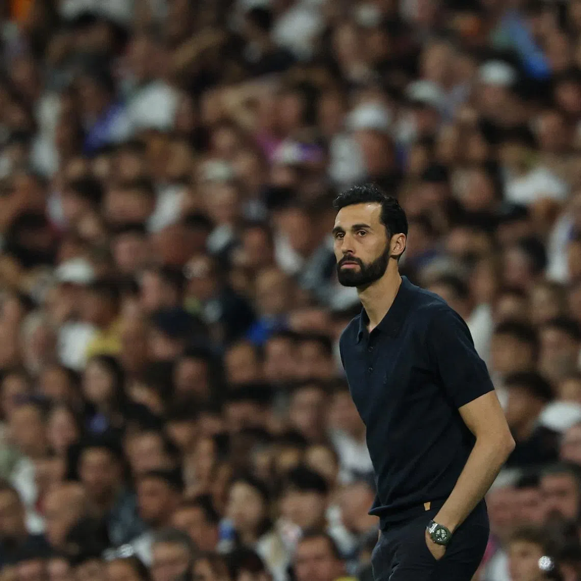 Soccer Football - LaLiga - Real Madrid v Athletic Bilbao - Santiago Bernabeu, Madrid, Spain - May 23, 2026 Real Madrid coach Alvaro Arbeloa reacts REUTERS/Kacper Pempel