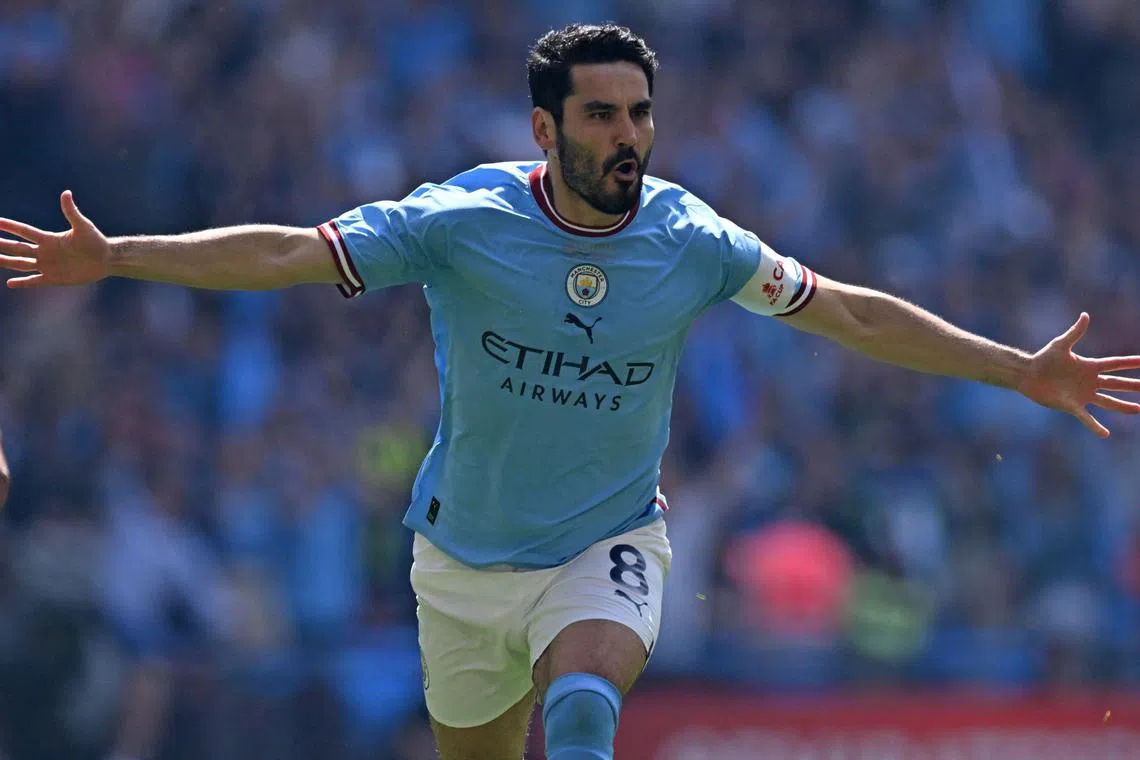 Manchester City's German midfielder Ilkay Gundogan celebrating after scoring the first of his two goals in the 2-1 FA Cup final win over Manchester United at Wembley on Saturday.