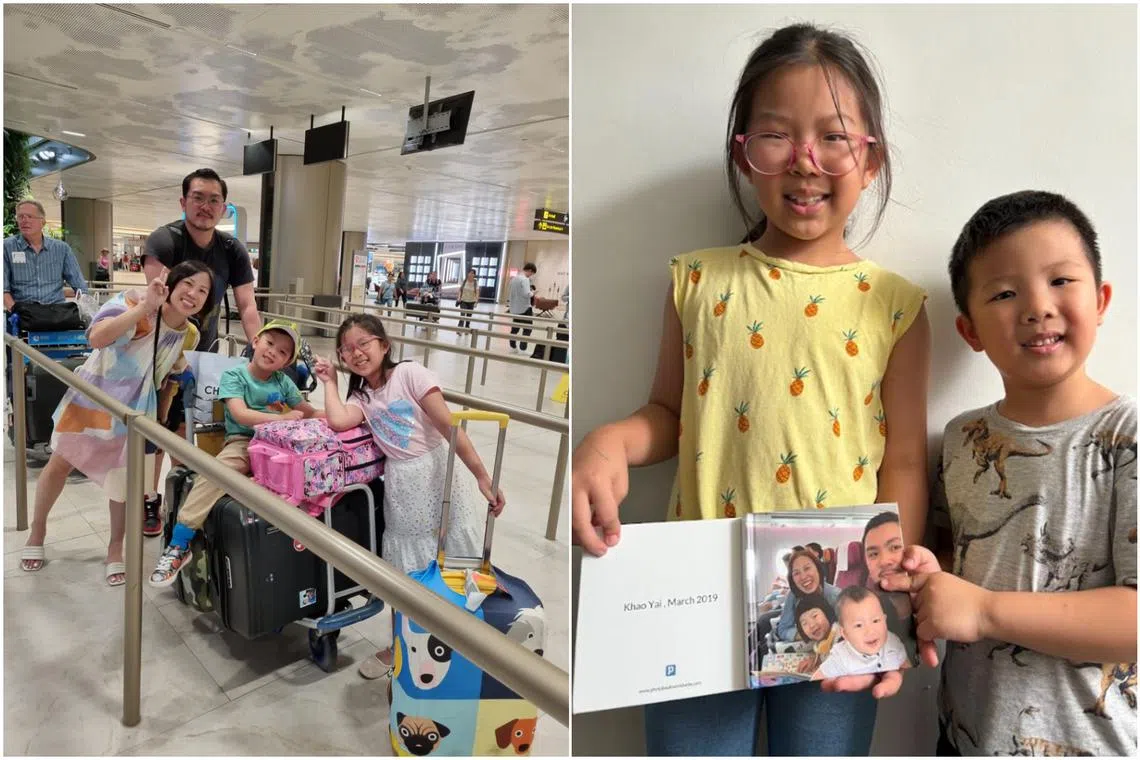 The writer’s children with their handmade photo books (right) to capture the highlights of their holiday.
