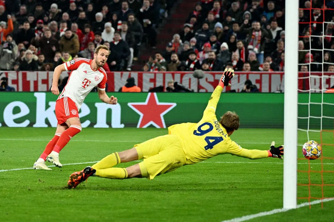 Soccer Football - Champions League - Round of 16 - Second Leg - Bayern Munich v Lazio - Allianz Arena, Munich, Germany - March 5, 2024 Bayern Munich's Harry Kane scores their third goal REUTERS/Angelika Warmuth