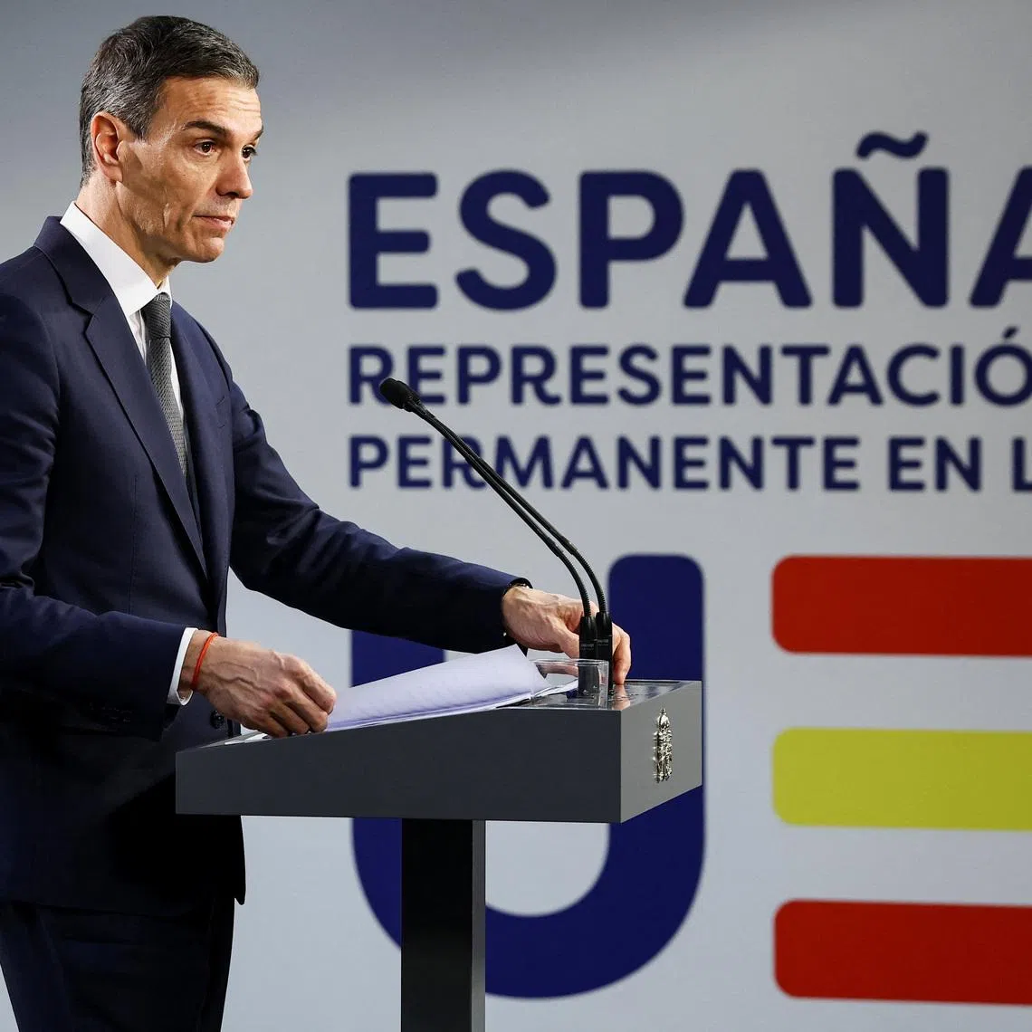 Spanish Prime Minister Pedro Sanchez speaks during a press conference in Brussels, Belgium January 23, 2026. REUTERS/Yves Herman