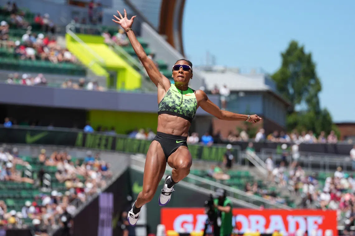 Tara Davis-Woodhall (USA) wins the women's long jump at 23-4 3/4 (7.13m) in the 51st Prefontaine Classic at Hayward Field.