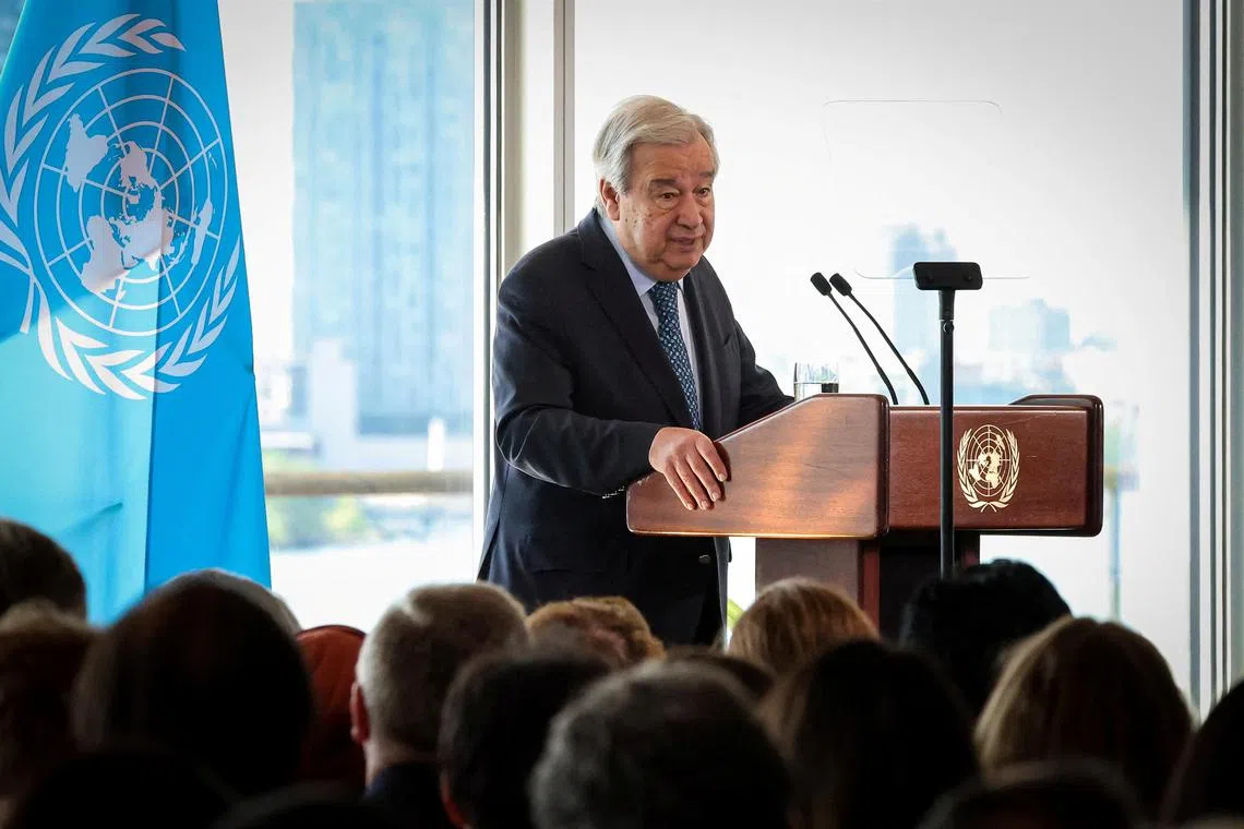 United Nations Secretary General Antonio Guterres delivers a speech on climate and renewable energy at U.N. headquarters in New York City, U.S., July 22, 2025.  REUTERS/Brendan McDermid       