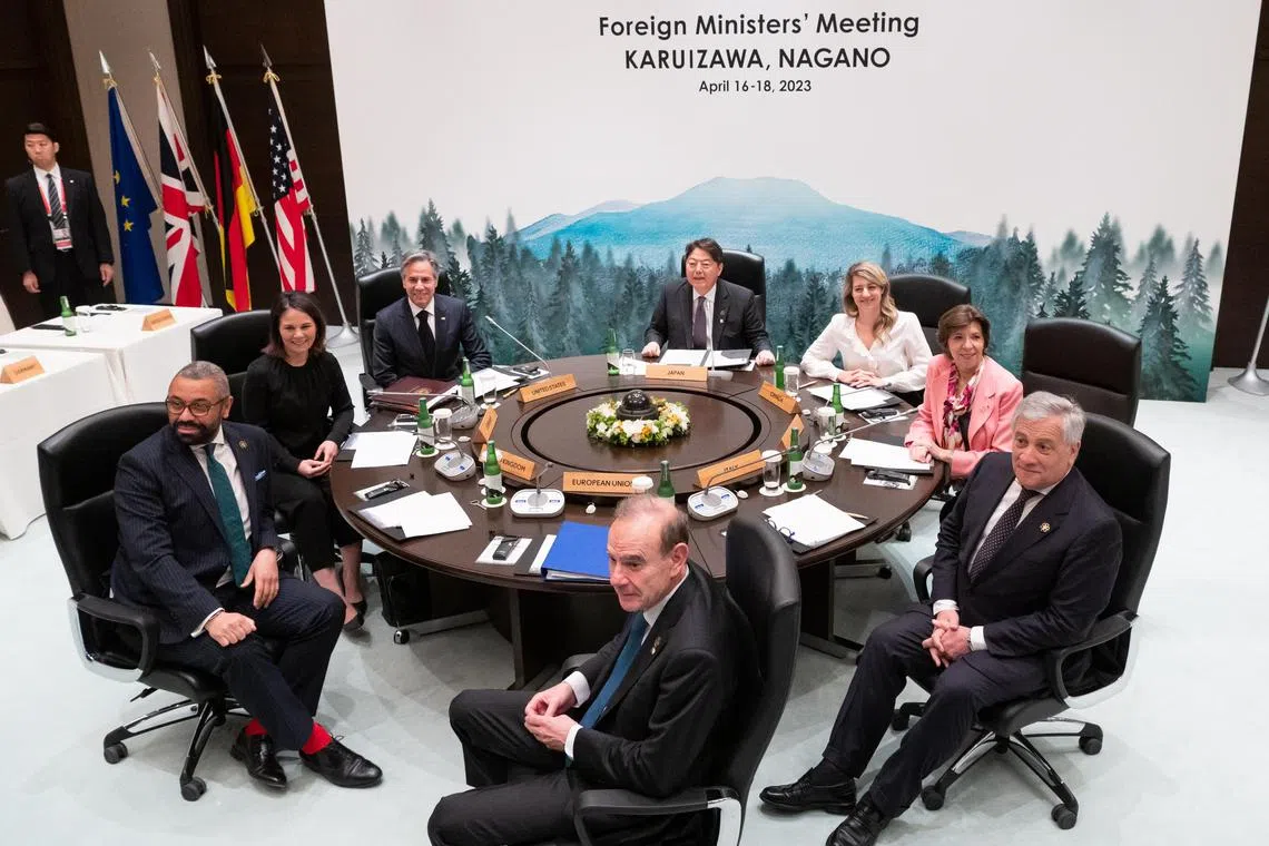 The G-7 foreign ministers at the start of the fifth working session in Karuizawa, Japan, on Tuesday.