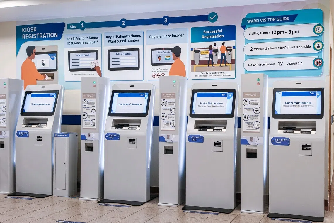 The self-service registration kiosks at Tan Tock Seng Hospital, closed during a service disruption that hit Singapore’s public healthcare sector on Oct 13.
