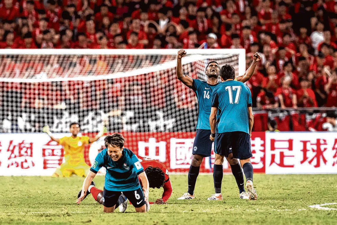 The Lions celebrating after winning 2-1 in Hong Kong to secure maiden Asian Cup qualification.