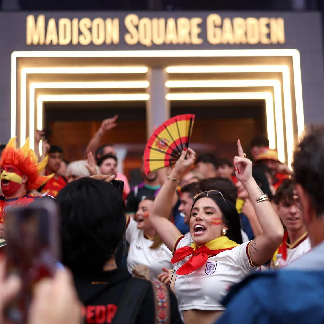 Spanish fans gather at the Madison Square Garden in New York on July 18 on the eve of the 2026 World Cup final.
