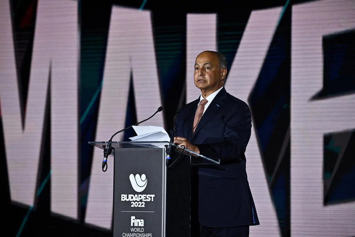 FILE PHOTO: Water Polo - FINA World Championships - Men's Gold Medal Match - Italy v Spain - Alfred Hajos Swimming Complex, Budapest, Hungary - July 3, 2022 President of the FINA Husain Al-Musallam REUTERS/Marton Monus/File Photo