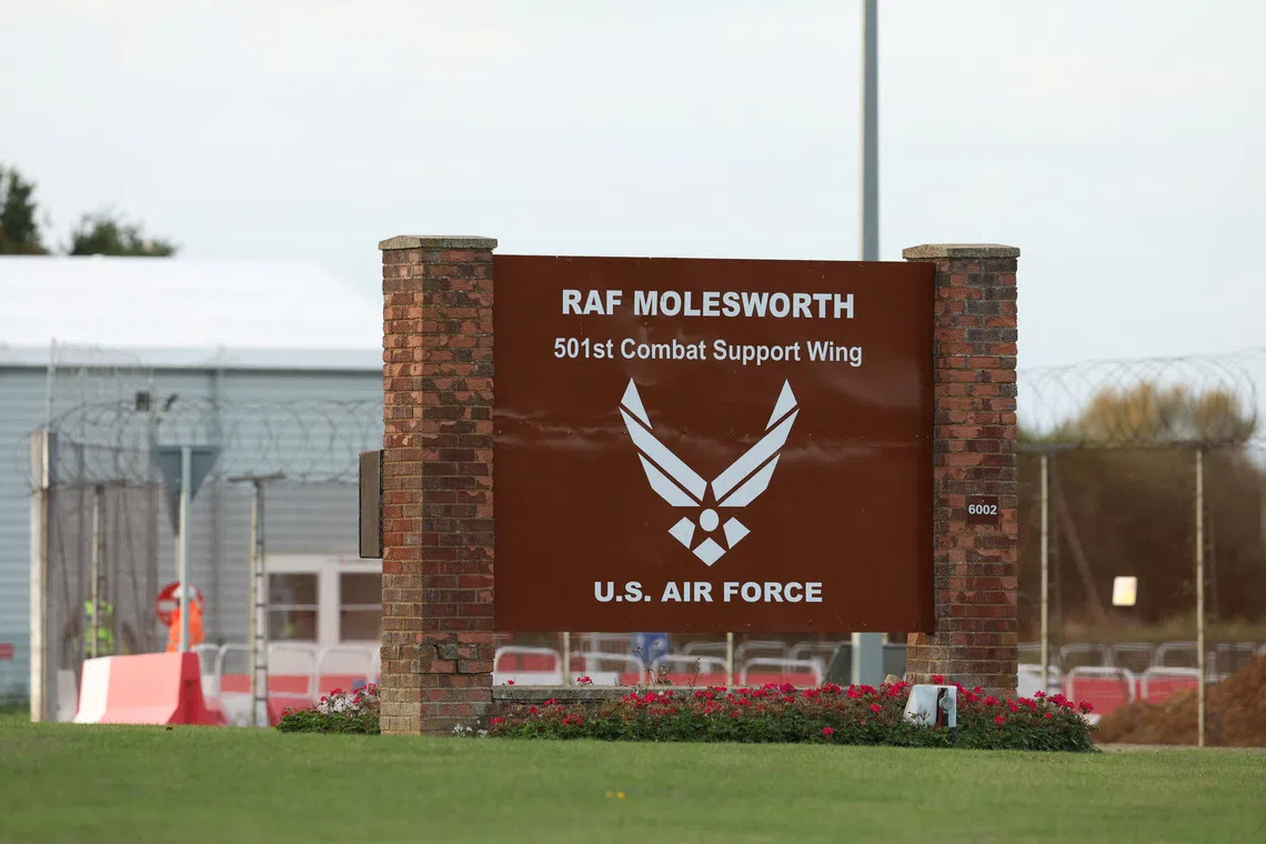 A sign at the entrance of RAF Molesworth, after two Latvian nationals were arrested on suspicion of entering a prohibited place for a purpose prejudicial to the UK, police said in a statement, in Cambridgeshire, Britain, October 8, 2026. REUTERS/Chris Radburn