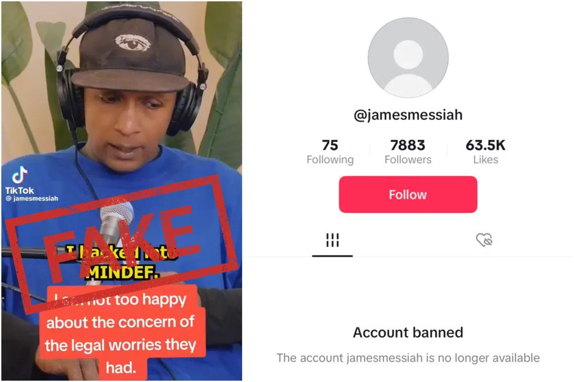 The ban comes after Mindef on Monday had refuted claims James Raj Arokiasamy had made on a podcast on Sept 6.