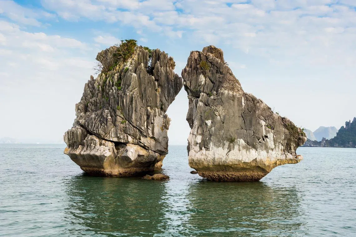 The Kissing Rocks in Halong Bay, North Vietnam.