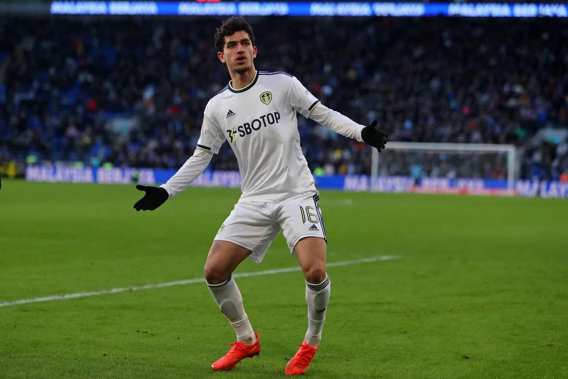 Leeds United's English striker Sonny Perkins celebrates after scoring their second goal.