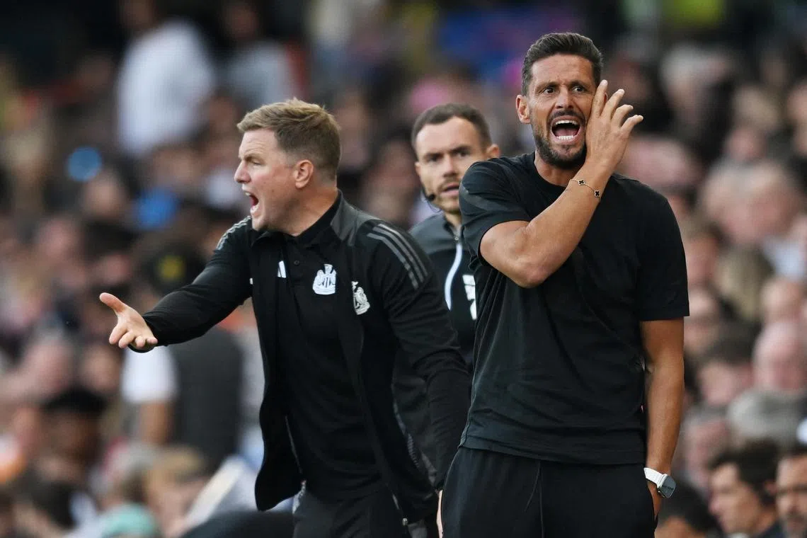 Newcastle United assistant manager Jason Tindall (right) and manager Eddie Howe reacting during the 3-1 English Premier League loss at Fulham on Sept 21.