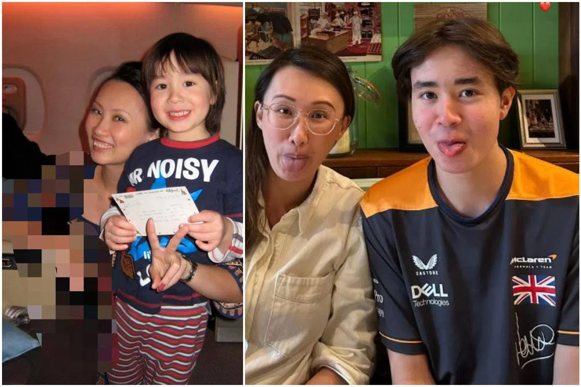 Dominick Lee O’Donnell with SIA air stewardess Sandy on a flight to Singapore in 2010 (left) and, more recently, in Perth in 2022.